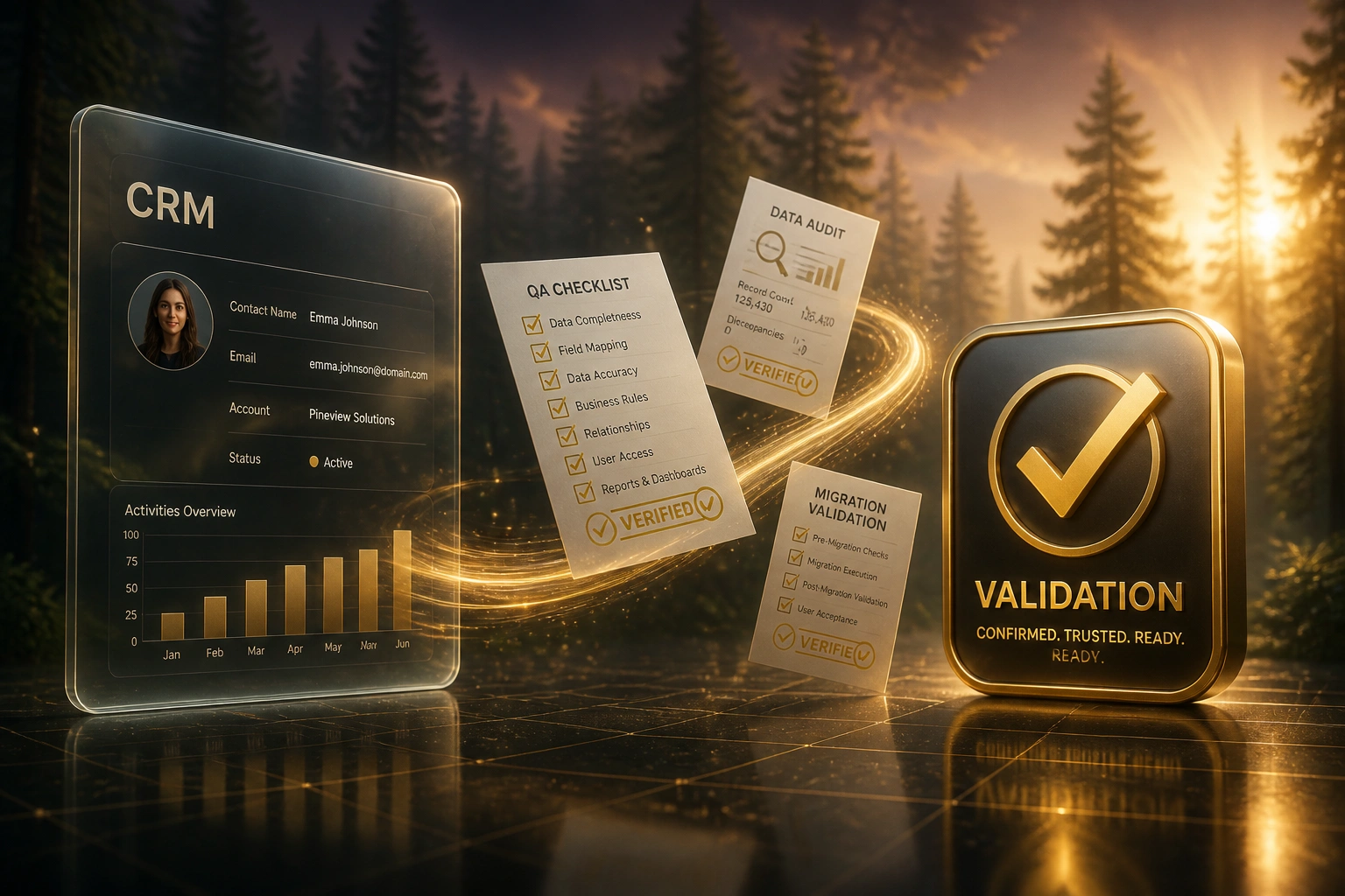 Glass CRM panel and gold validation badge linked by a ribbon of QA checklist documents in a forest dusk haze