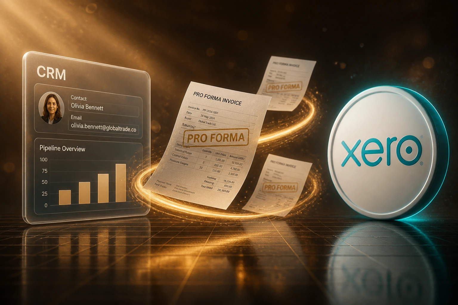 A glass CRM panel connected by a gold ribbon of mid-flight pro forma invoices to a glossy Xero badge on a warm parchment floor with perspective grid