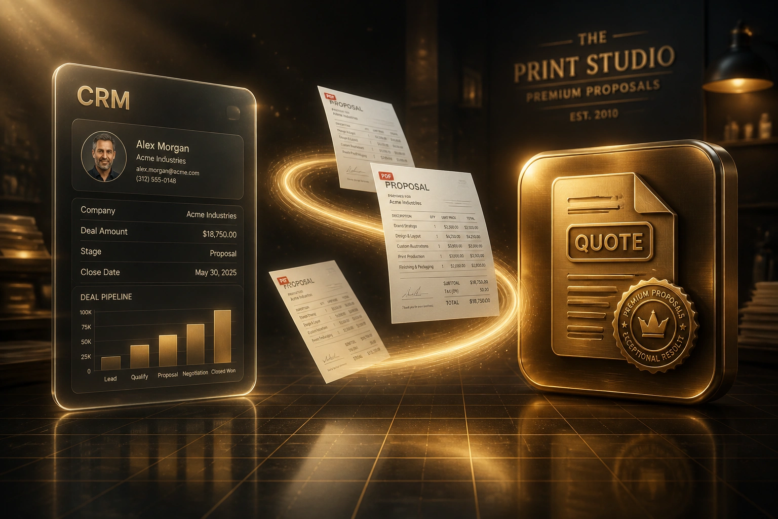 A glass CRM panel connected by a brass-gold ribbon of PDF proposal documents to a glossy QUOTE seal badge, illustrating automated CRM quote and proposal generation