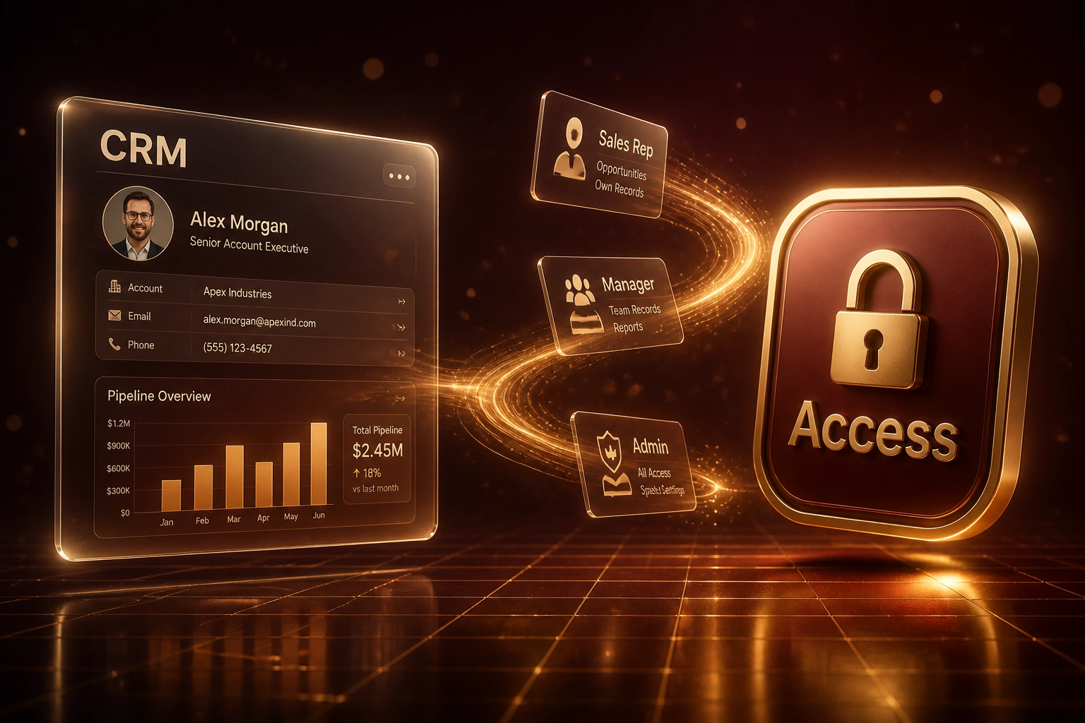 A glass CRM panel and a gold-rimmed Access lock badge linked by a ribbon of light carrying Sales Rep, Manager, and Admin permission cards