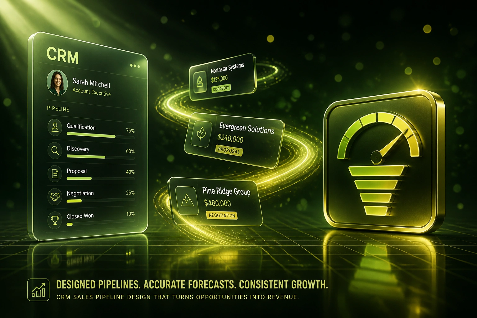 A glass CRM panel showing pipeline stages connected by a lime-gold ribbon of deal cards to a forecast gauge badge, illustrating sales pipeline design