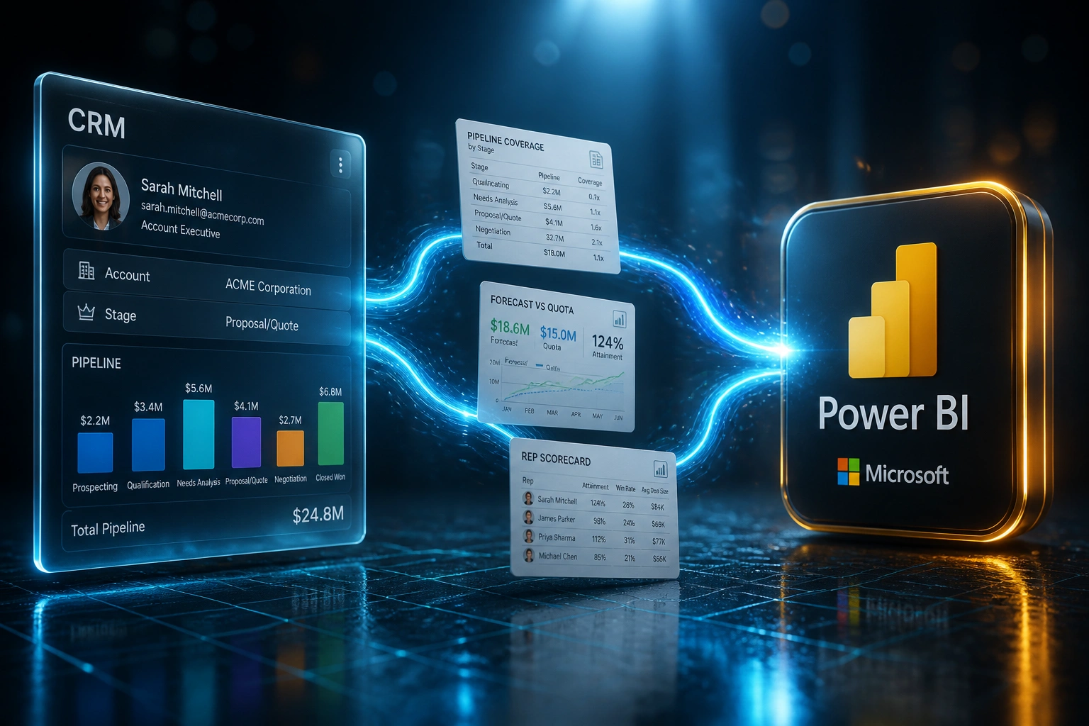 A glass CRM panel connected by an electric cyan ribbon of pipeline, forecast, and rep scorecard cards to a glossy Power BI badge, illustrating a live CRM sales reporting dashboard