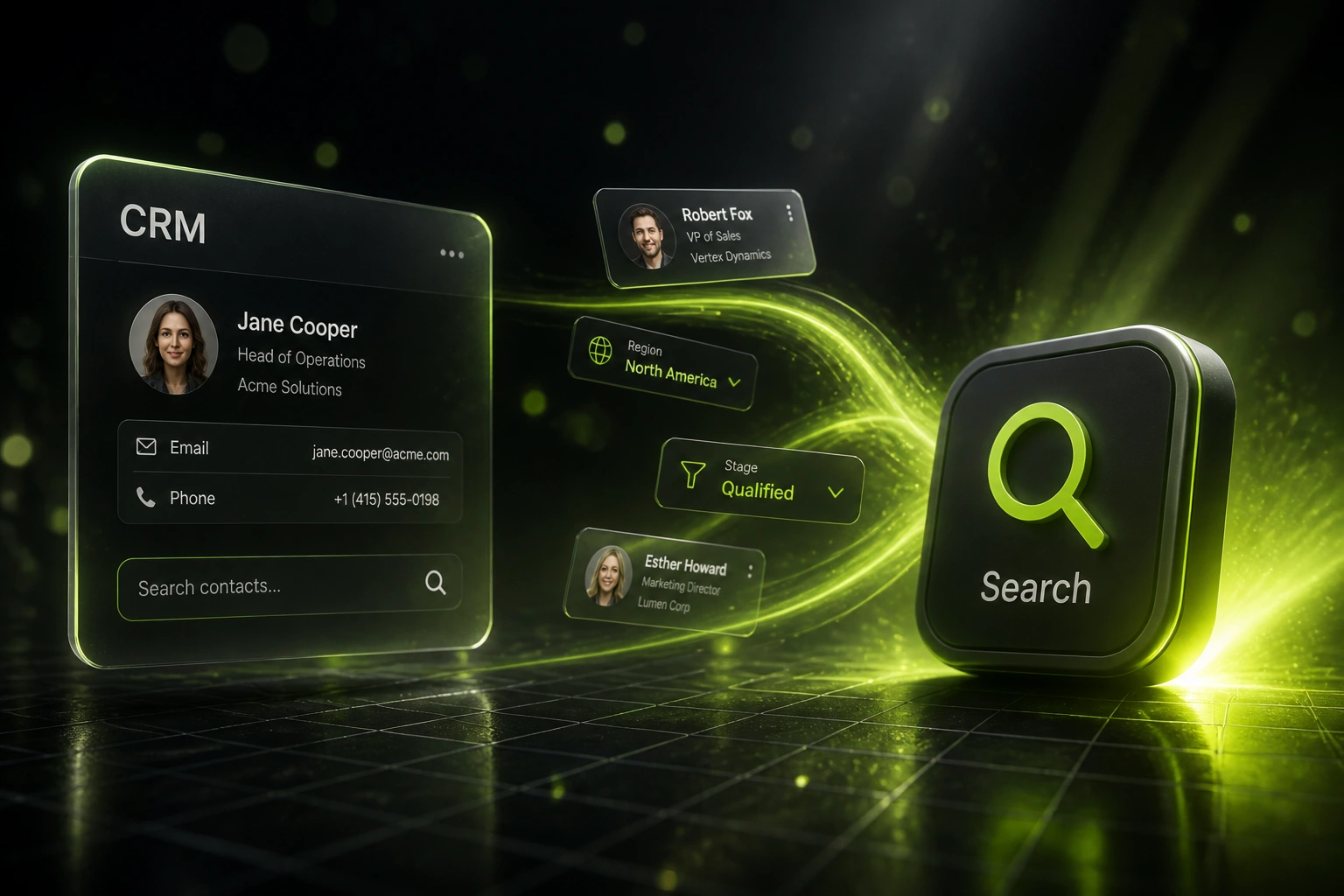 A glass CRM panel connected by a lime ribbon of contact and filter cards to a glossy Search badge, illustrating full-text CRM search and saved views