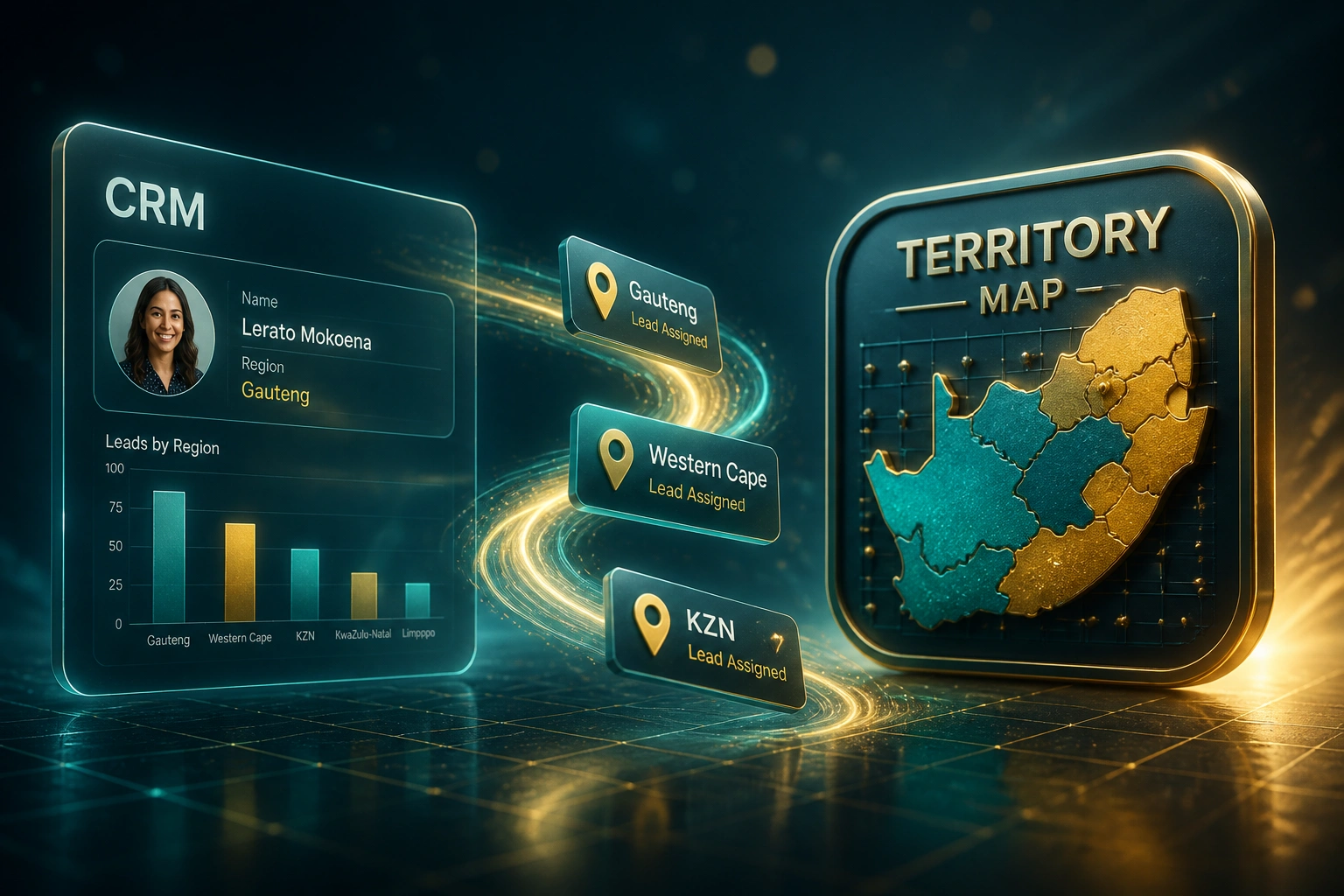 A glass CRM panel and a glossy territory map badge linked by an S-curved ribbon of lead-assignment cards for Gauteng, Western Cape, and KZN