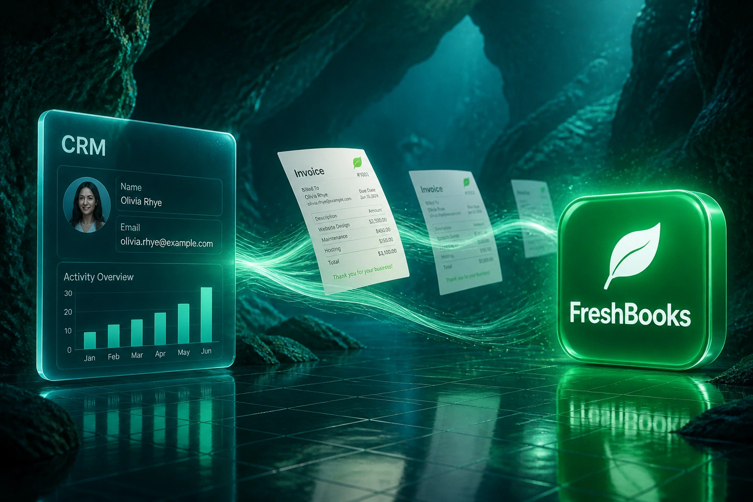 A CRM record and the FreshBooks logo connected by a flowing stream of invoices, illustrating an automated FreshBooks CRM integration