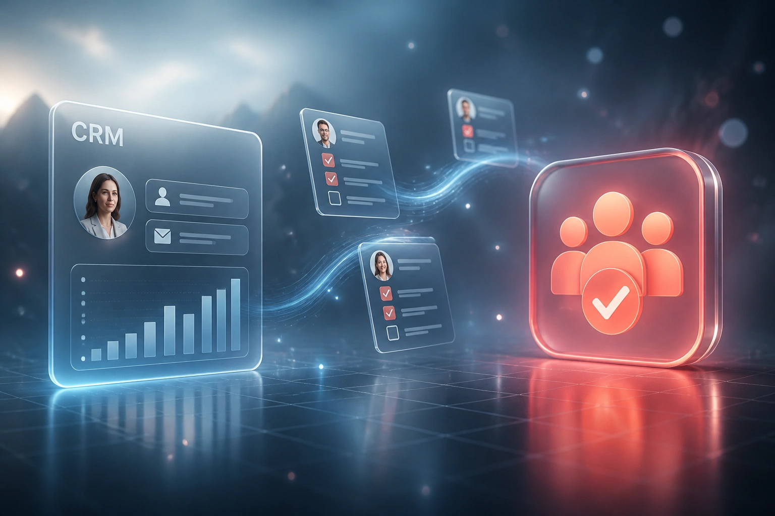 A glass CRM panel connected by a light ribbon of user task cards to a coral adoption badge with people and a checkmark
