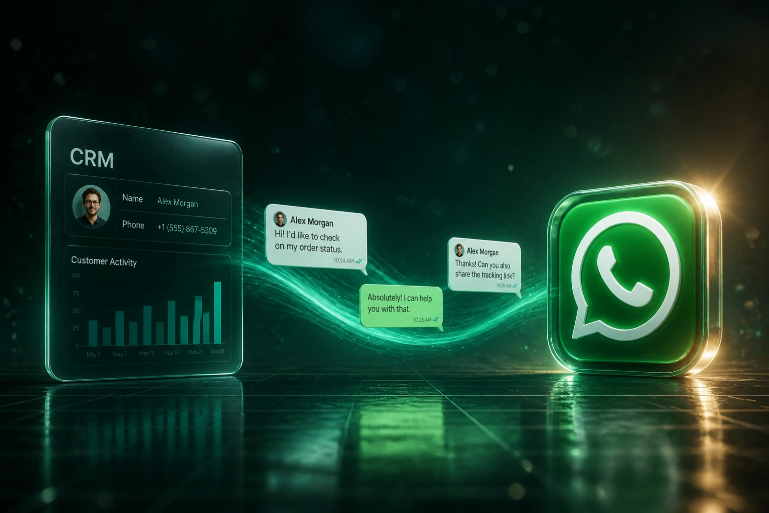 A glass CRM panel and the WhatsApp logo linked by a ribbon of chat bubbles, illustrating WhatsApp CRM integration for business messaging