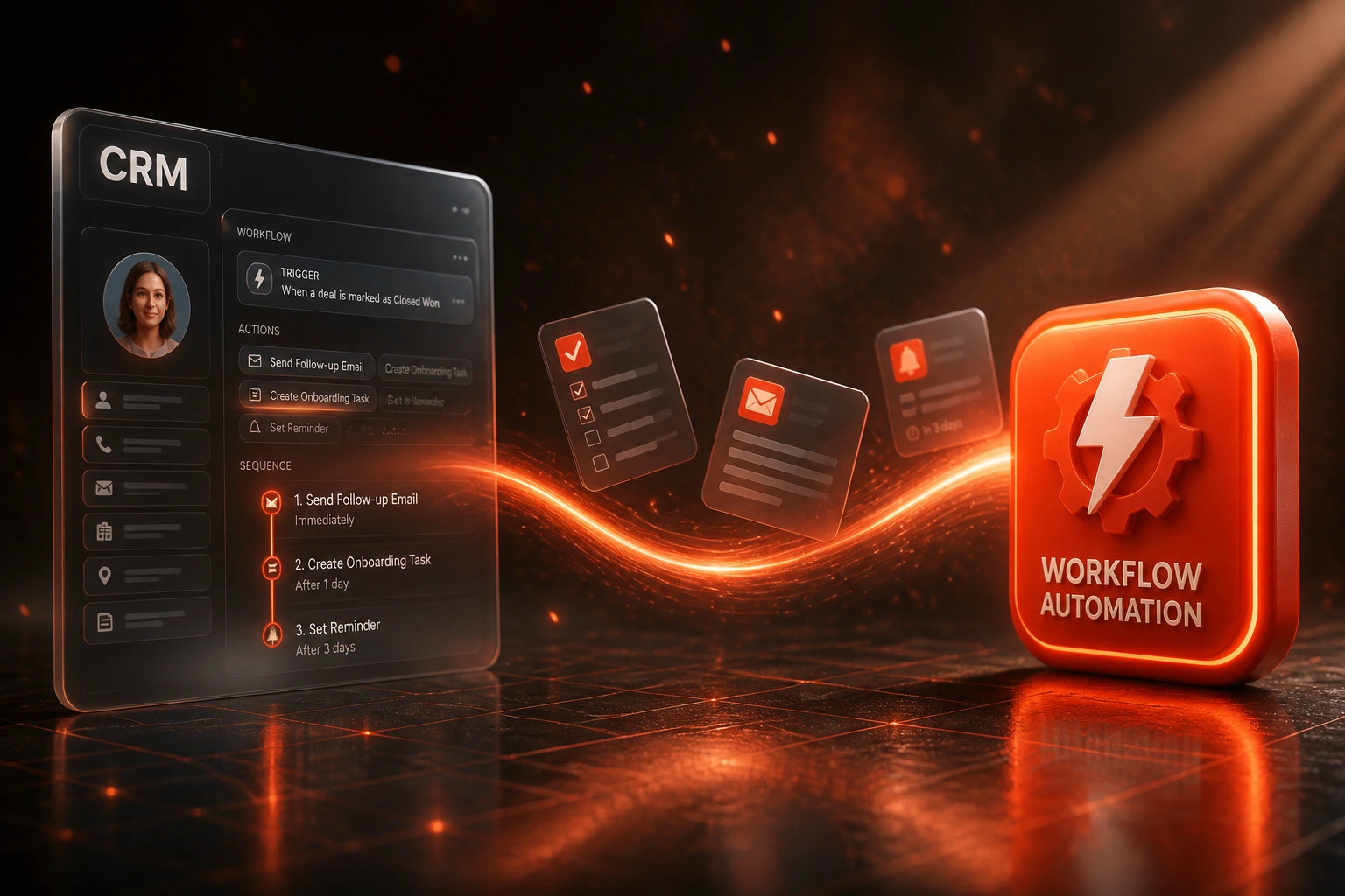 A glass CRM panel with a trigger and sequence UI connected by a coral ribbon of task and email cards to a workflow automation badge