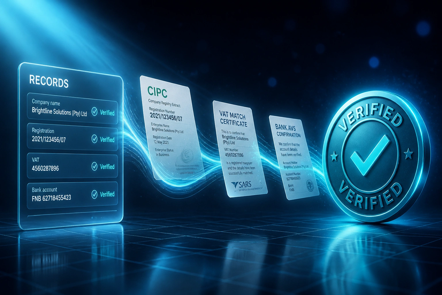 A glass RECORDS panel with company fields connected by cyan light to CIPC, SARS VAT, and bank AVS documents arriving at a glossy VERIFIED seal on a deep navy scene