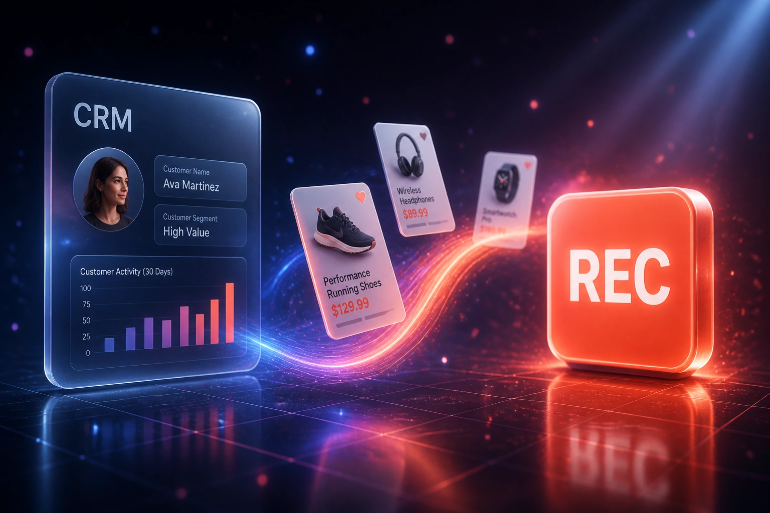 A CRM purchase-history panel and a REC recommendation badge connected by product cards on a coral ribbon of light over a deep indigo commerce floor