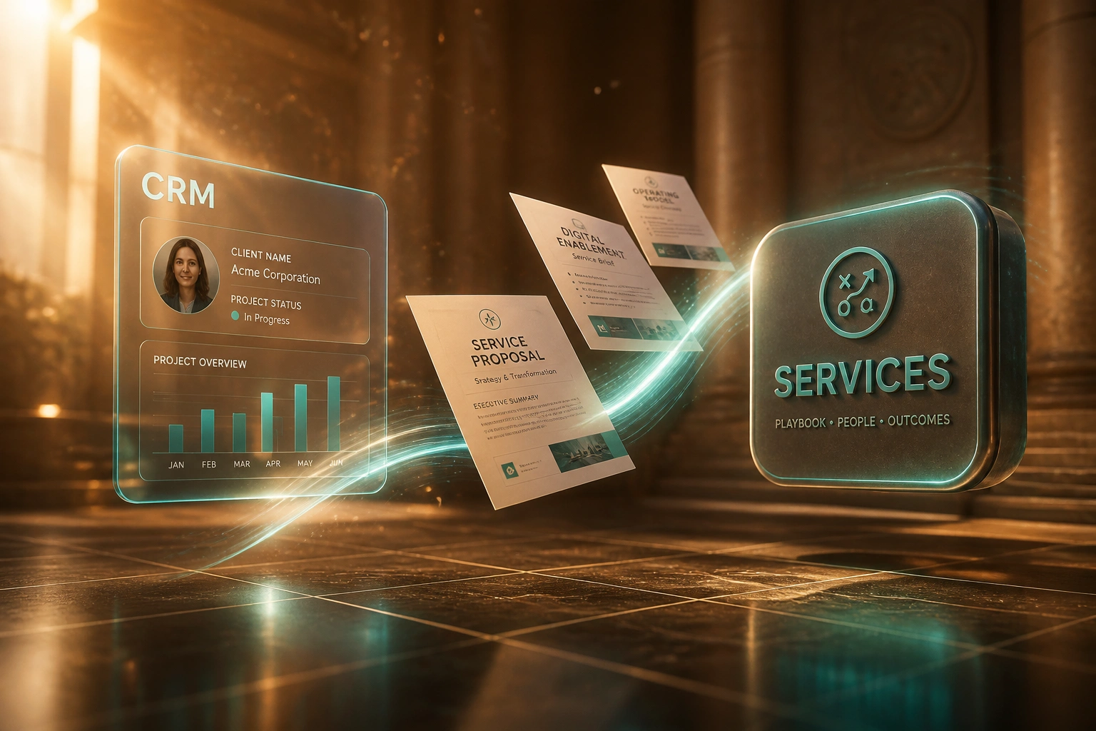 A glass CRM panel and a teal SERVICES playbook badge connected by an S-curved ribbon of service proposals, illustrating automated cross-sell workflow design for service businesses