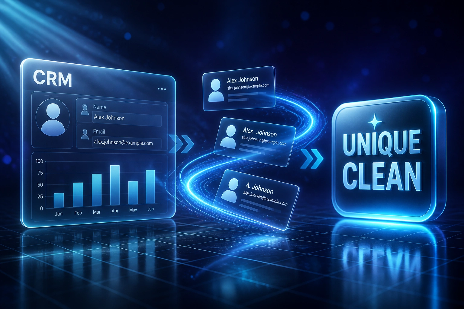 Glass CRM panel connected by an electric cyan ribbon of duplicate record cards to a UNIQUE CLEAN badge, illustrating create-time deduplication and record uniqueness