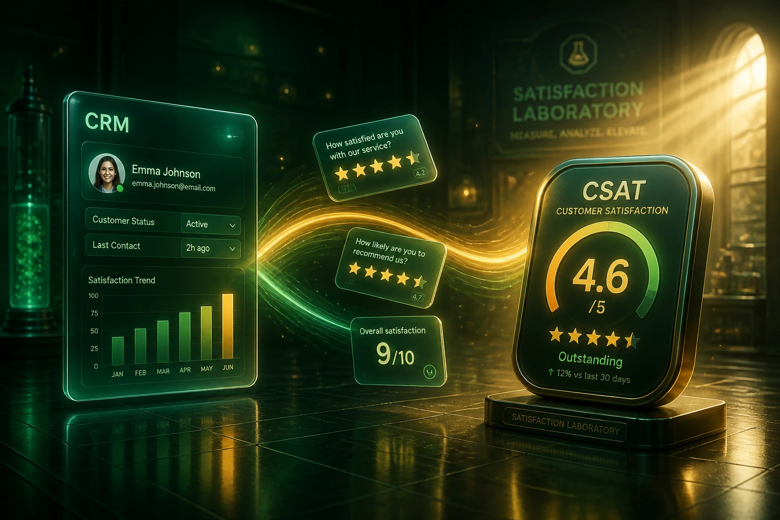 A glass CRM panel and a glossy CSAT score badge linked by survey cards on a light ribbon, illustrating a continuous satisfaction feedback loop