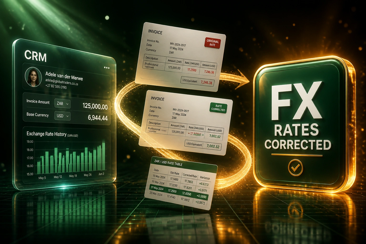 Glass CRM panel and glossy FX RATES CORRECTED badge linked by invoice and rate documents on a deep forest green and amber gold S-curve, illustrating exchange rate data repair