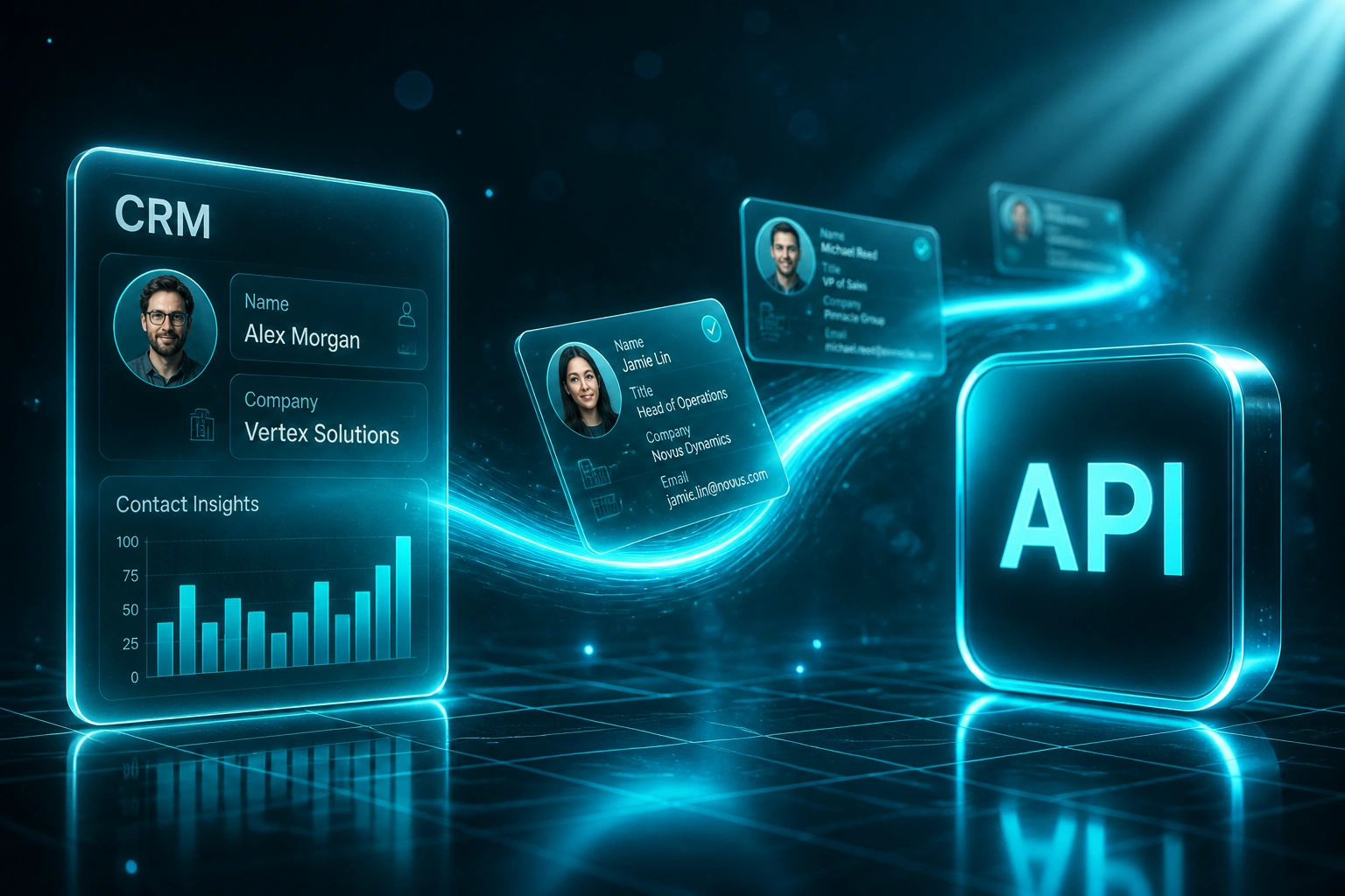 A glass CRM panel and a glossy cyan API badge connected by a ribbon of contact records, illustrating a custom data enrichment API