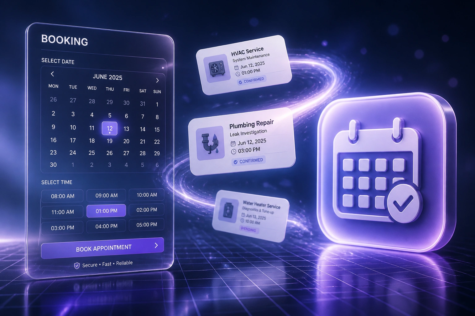 A glass BOOKING panel with a mini calendar and slot picker linked by a soft violet ribbon of appointment cards to a glossy calendar badge, illustrating customer appointment scheduling for field service