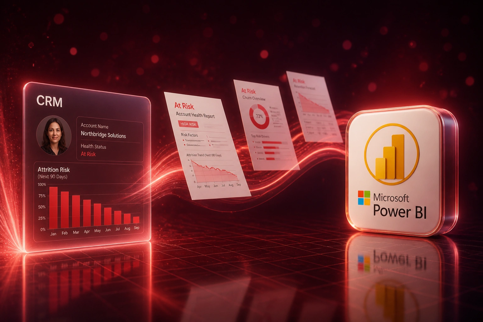 A glass CRM panel flagged At Risk and a Microsoft Power BI badge linked by churn report documents on a coral ribbon over a burgundy reflective floor