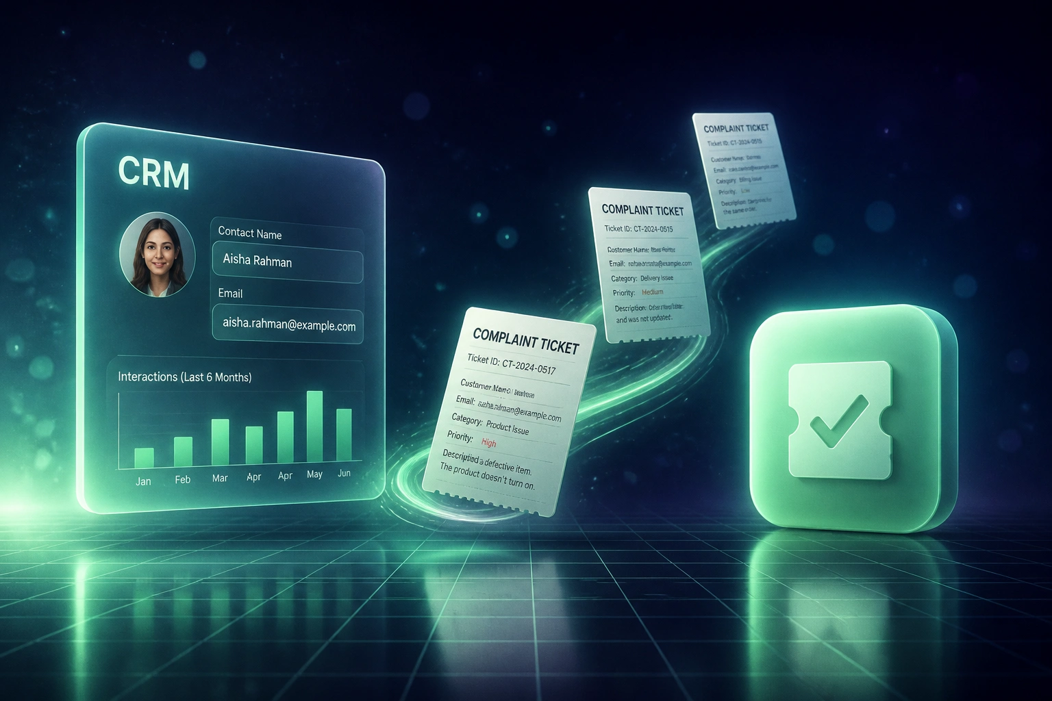 A glass CRM panel connected by a mint ribbon of complaint tickets to a support resolution badge, illustrating an automated complaint management system
