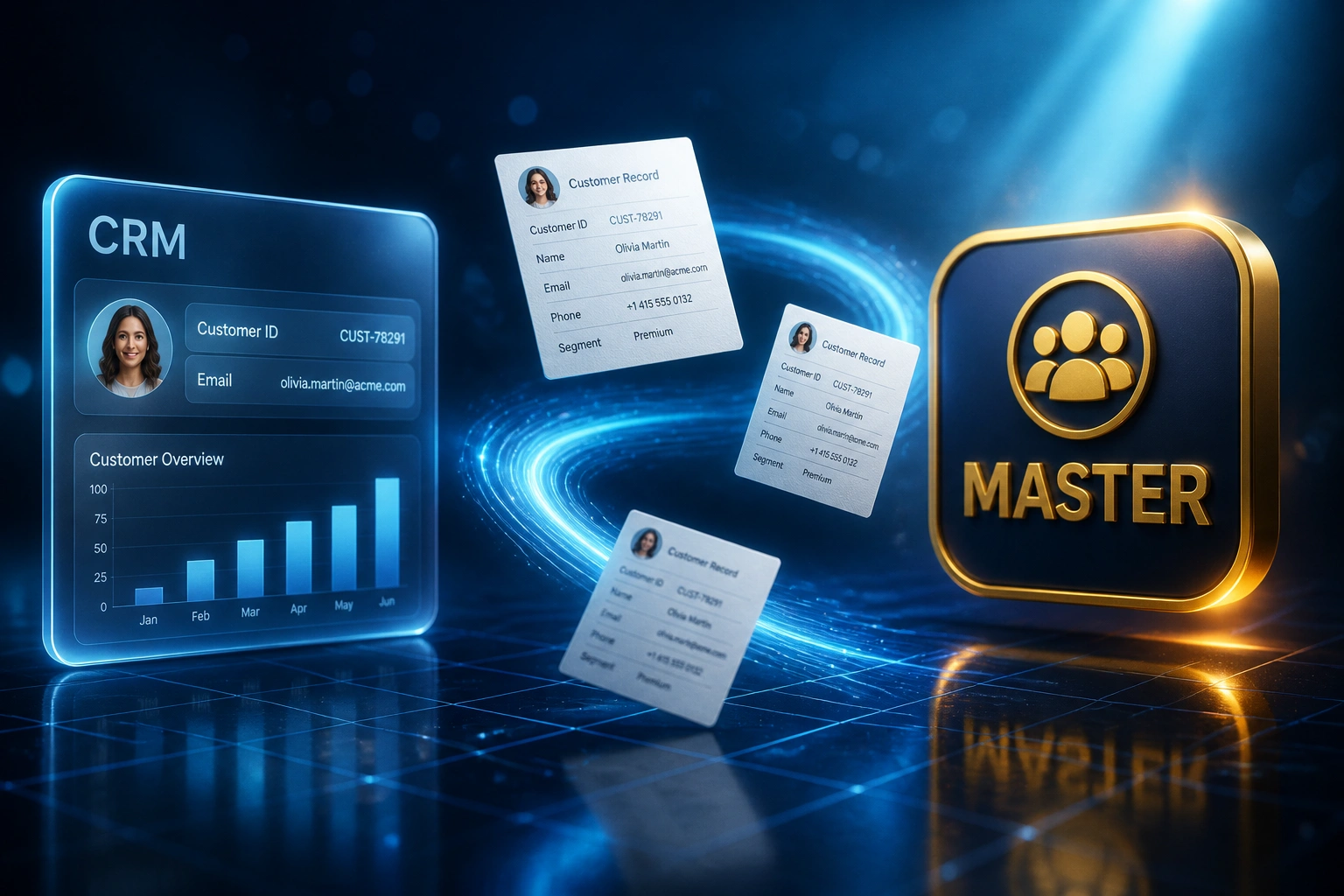 A glass CRM panel and a glossy MASTER badge connected by a cyan ribbon of customer records, illustrating cross-system customer master reconciliation