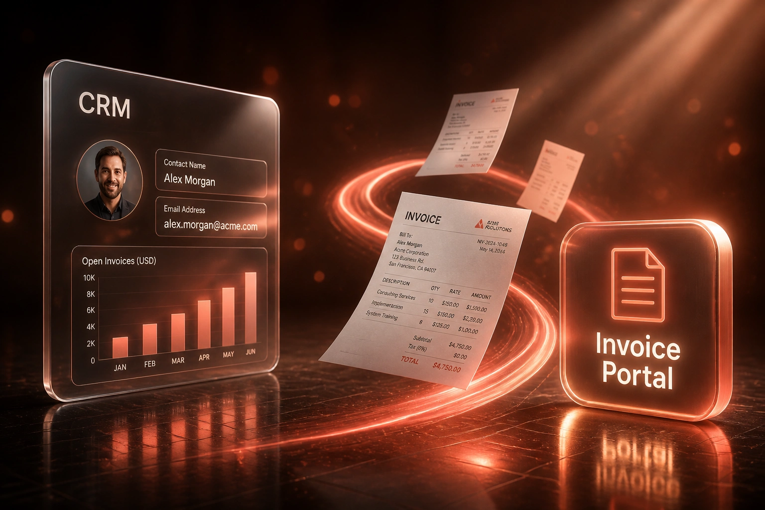 A glass CRM panel connected by a coral ribbon of invoice documents to a glossy Invoice Portal badge, illustrating a client portal for orders and invoices