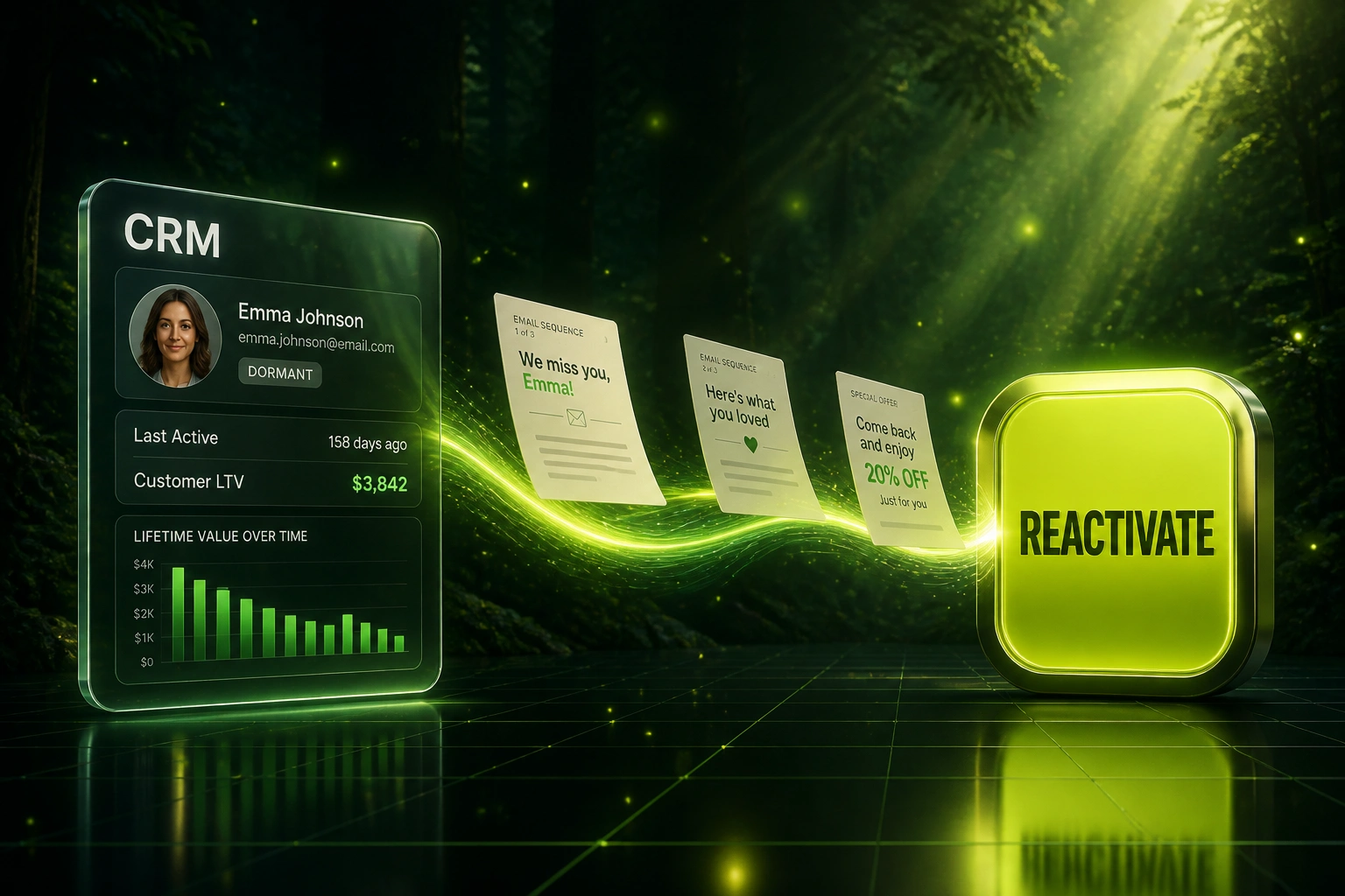 A CRM dormant-account panel and a lime REACTIVATE badge connected by a flowing ribbon of sequence and incentive documents, illustrating automated customer reactivation