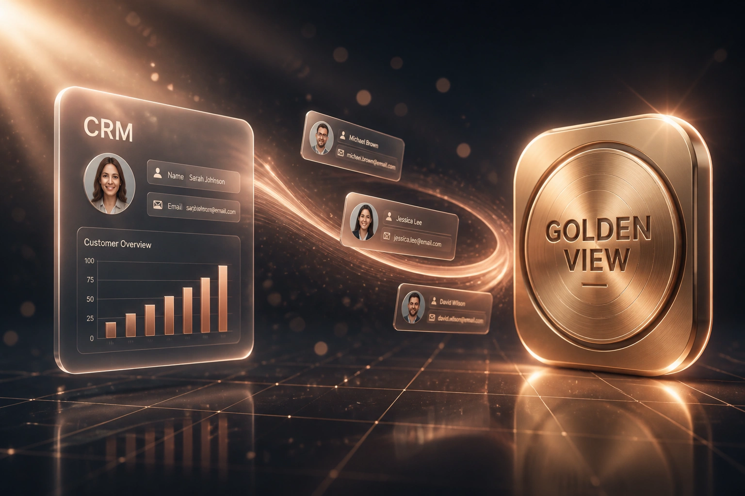 A glass CRM panel and a rose-gold GOLDEN VIEW badge linked by floating contact cards on a ribbon of light, illustrating customer record merge into a single customer view
