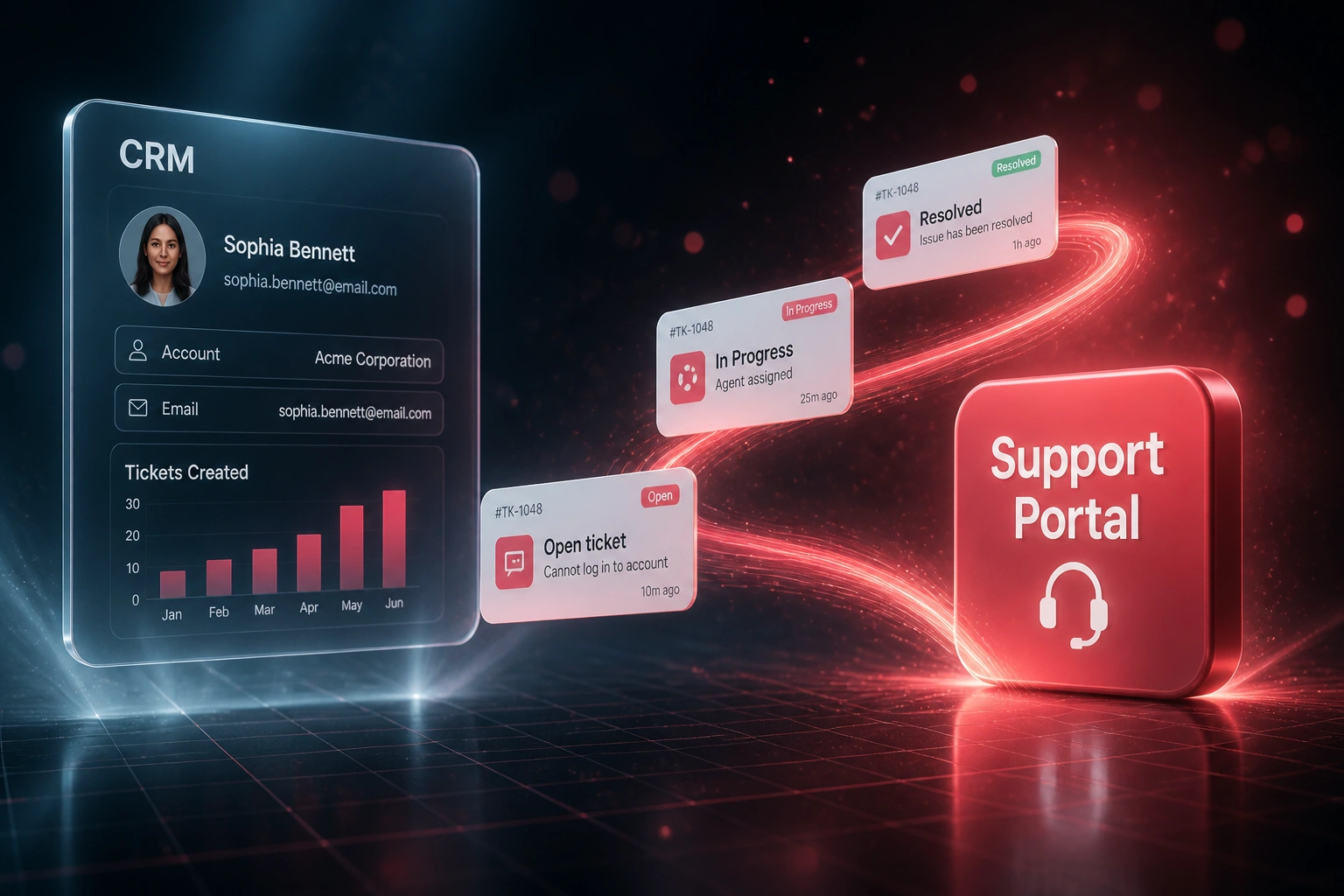 A glass CRM panel connected by a coral ribbon of ticket status cards to a glossy Support Portal badge, illustrating branded customer support portal design