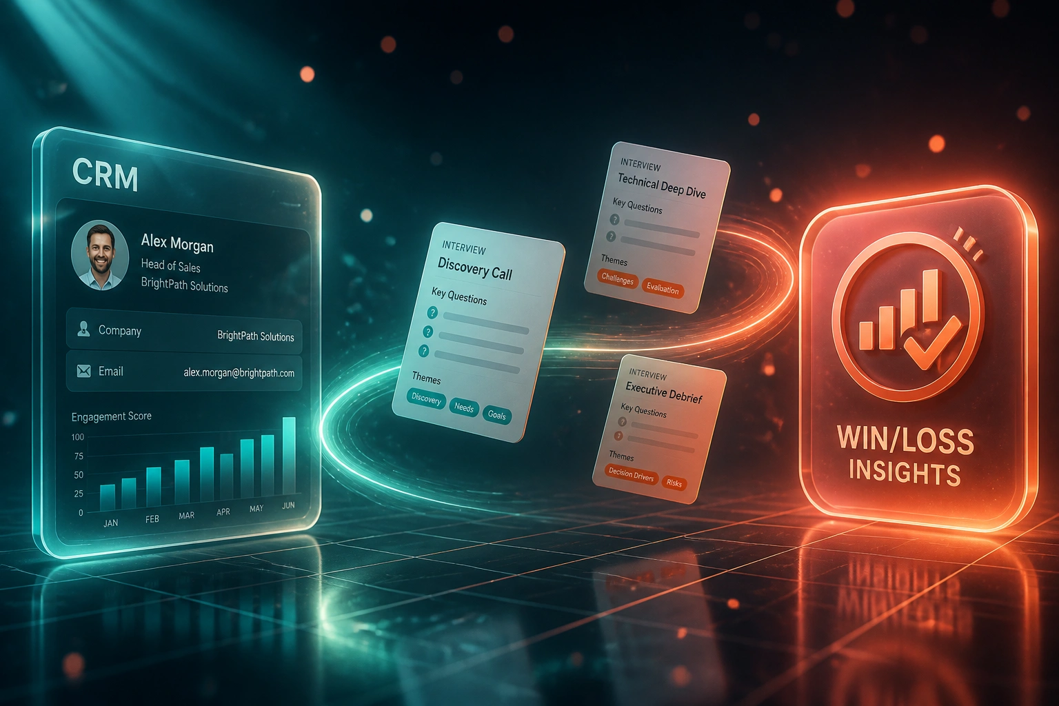 A glass CRM panel connected by a glowing ribbon of interview cards to a coral-orange Win/Loss Insights badge over a deep teal reflective grid floor