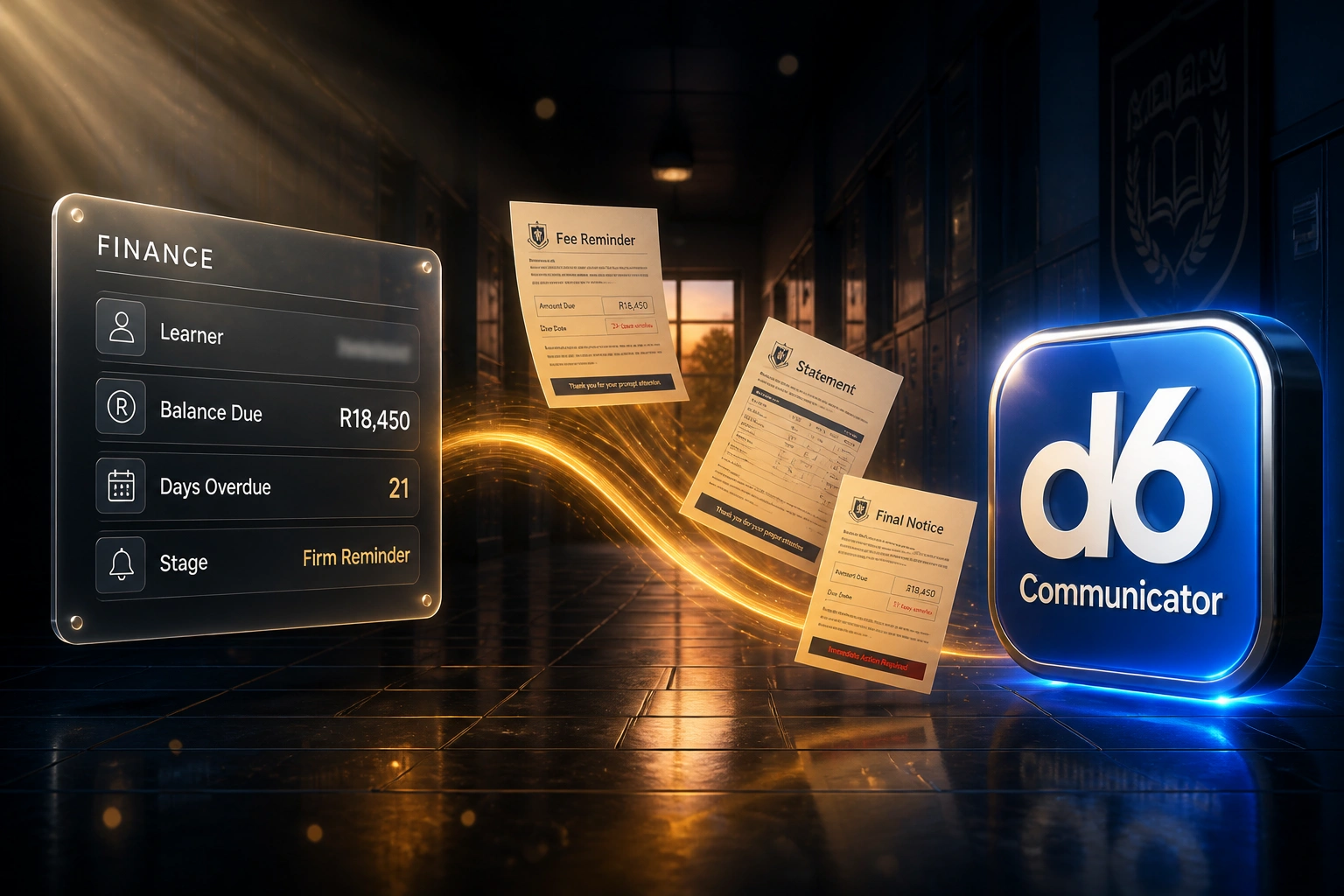 A glass FINANCE panel showing overdue fee balances and a glossy d6 Communicator badge linked by an amber ribbon of fee-reminder and statement documents