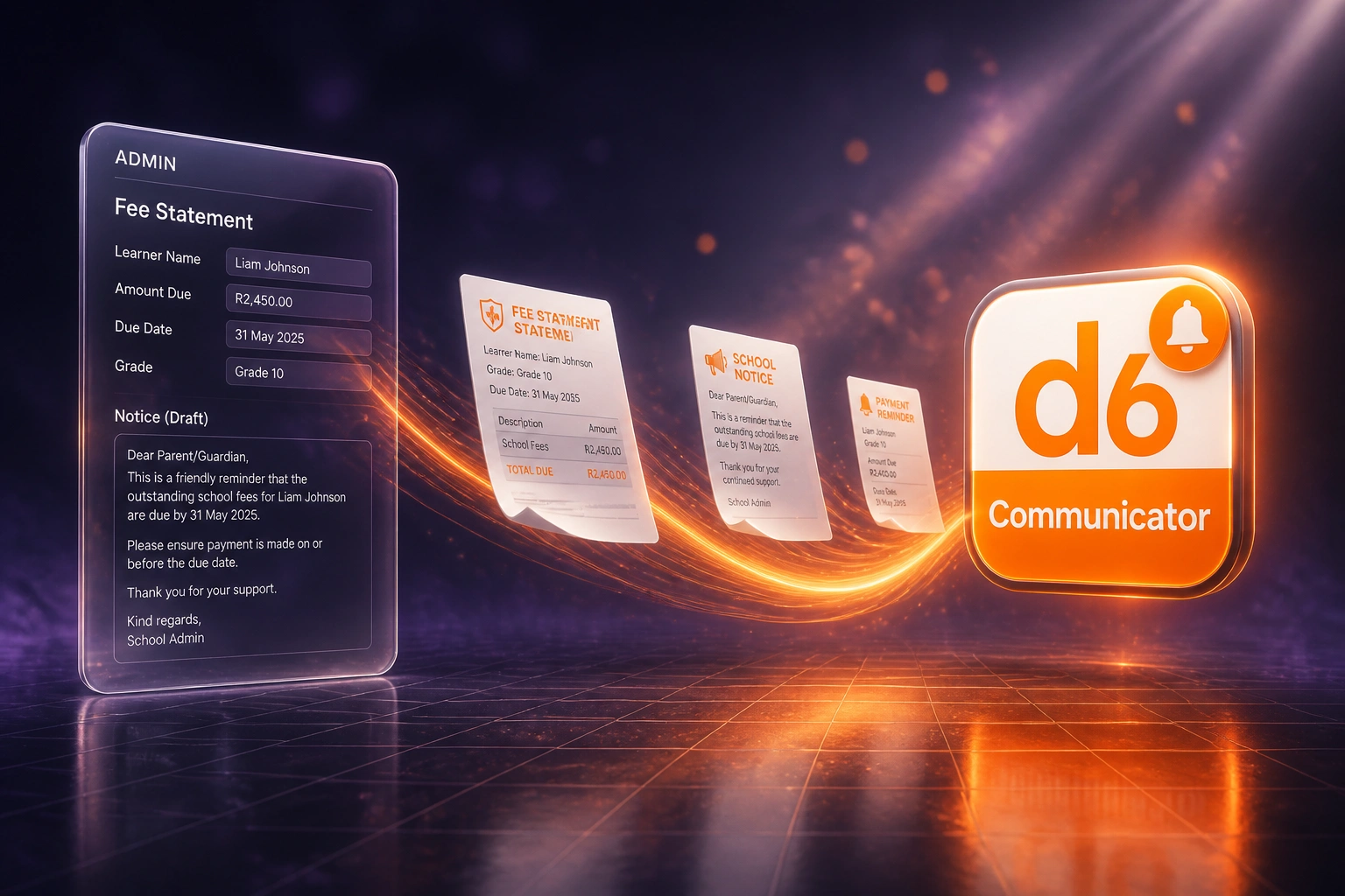 A glass ADMIN panel with fee statement fields and a glossy d6 Communicator badge linked by an orange ribbon of notice cards, illustrating automated school parent notifications