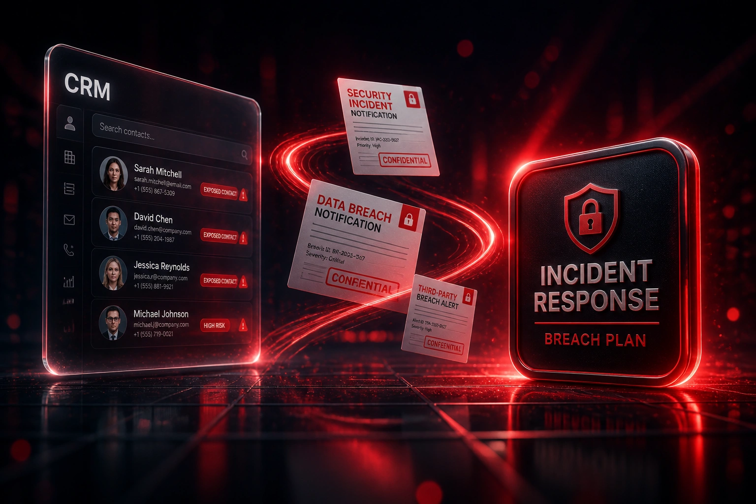 A glass CRM panel showing exposed contacts linked by a crimson ribbon of breach notification documents to a glossy Incident Response Breach Plan badge