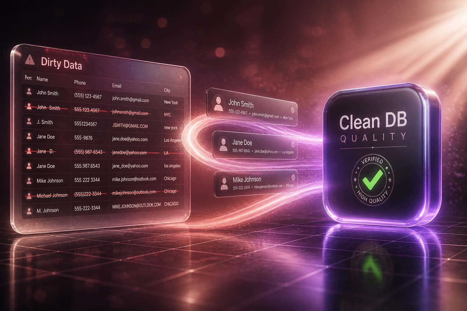 A glass Dirty Data panel with duplicate records connected by a rose-violet light ribbon to a Clean DB quality badge, illustrating data cleaning during system migration