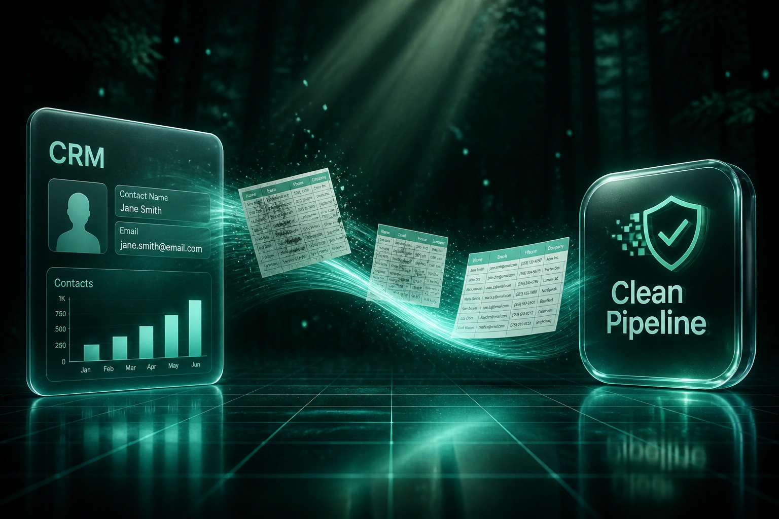 A glass CRM panel and a Clean Pipeline badge connected by a mint-cyan ribbon carrying data sheets being purified, illustrating continuous data hygiene