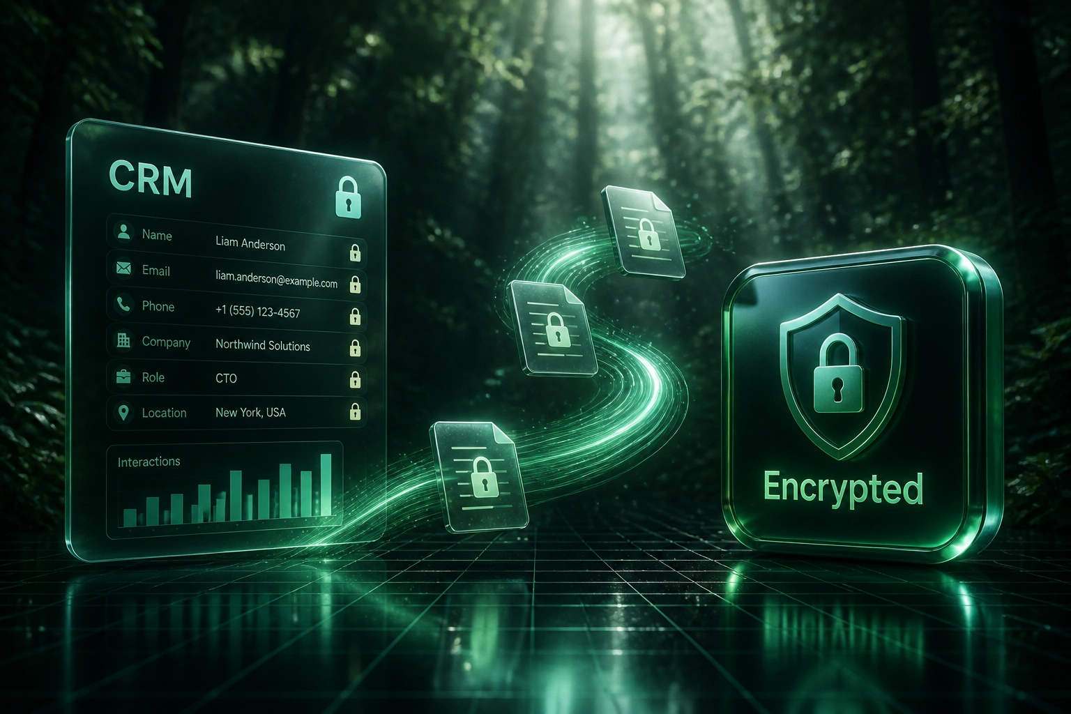 A glass CRM panel with padlocked fields and an emerald Encrypted shield badge linked by sealed documents on a mint light ribbon over a deep forest grid
