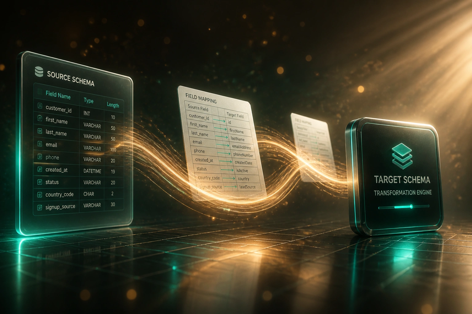 Glass Source Schema panel connected by teal field-mapping documents to a glossy Target Schema transformation badge on a warm charcoal floor