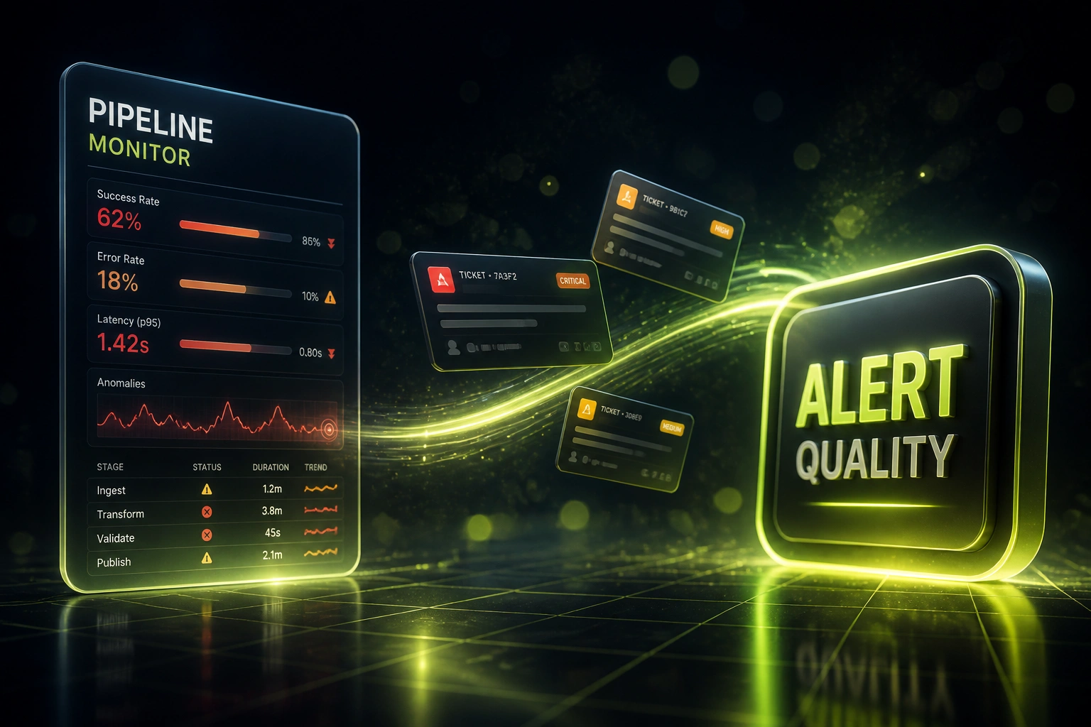 A glass pipeline monitor panel with failing metrics and a glossy Alert Quality badge linked by a lime S-curve of ticket cards, illustrating a data quality alerting pipeline