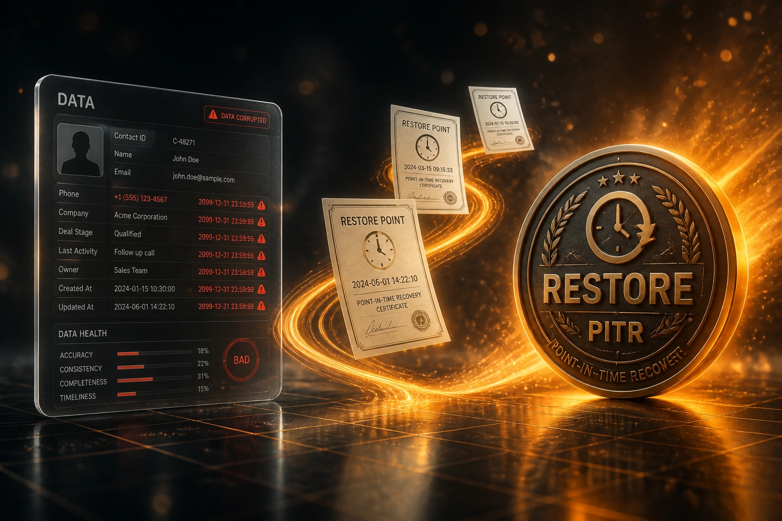 A glass DATA panel showing corrupted timestamps connected by an amber ribbon of restore-point documents to a glossy RESTORE PITR seal on a charcoal slate scene with lower-right amber glow