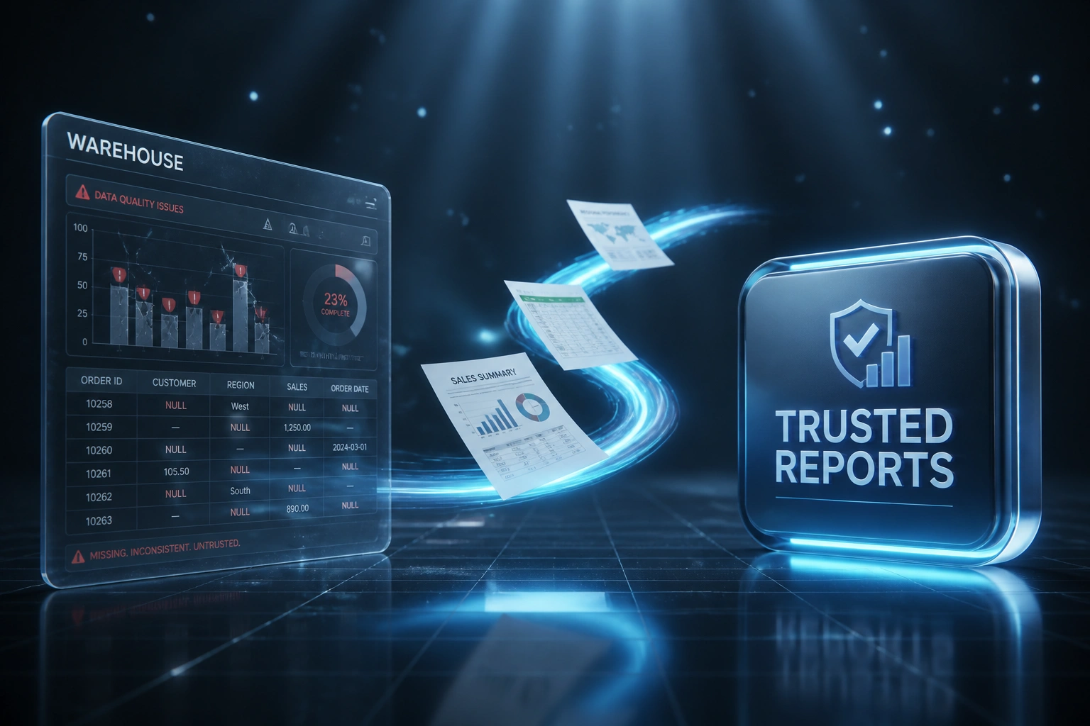 Glass WAREHOUSE panel showing broken charts and null cells connected by a cyan ribbon of reports to a glossy TRUSTED REPORTS badge under cool slate overhead light