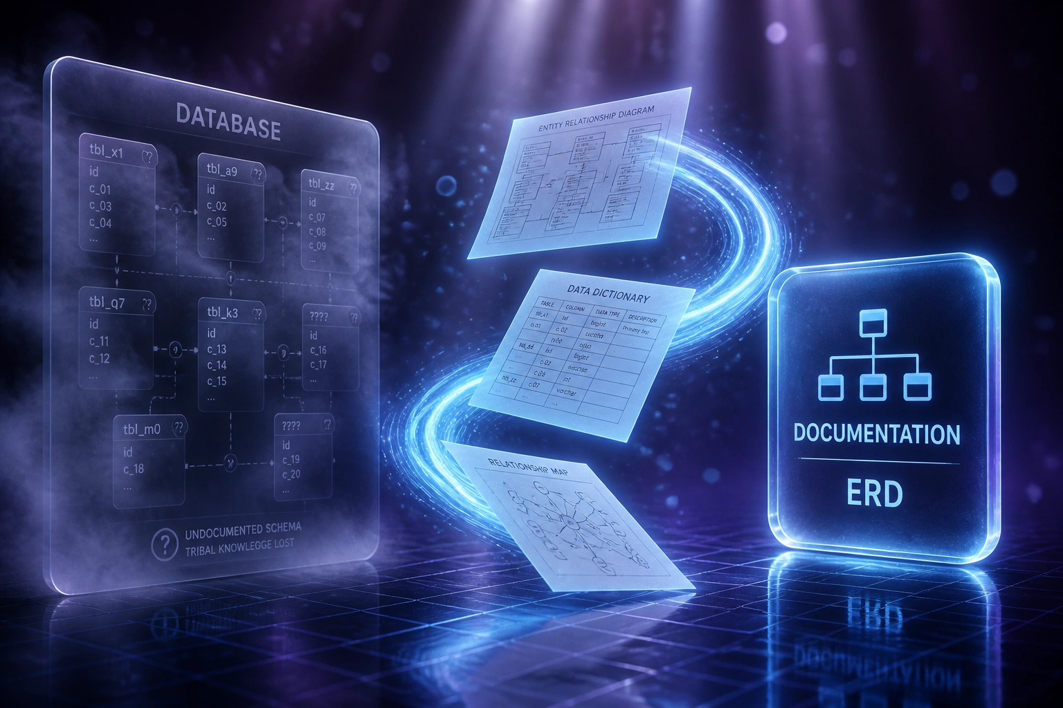 A frosted glass database panel with opaque schema fog connected by a ribbon of light to a glossy Documentation ERD badge, with schema maps in flight