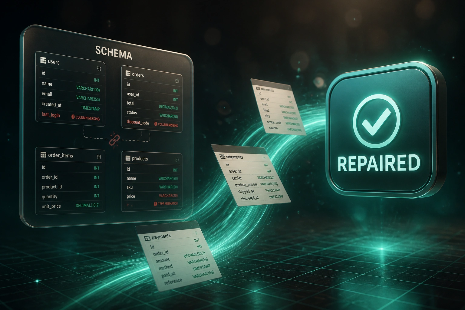 A glass SCHEMA panel showing broken tables with missing columns and type mismatches, linked by a teal ribbon of table documents to a glossy REPAIRED badge on a warm graphite floor with bottom-up teal glow