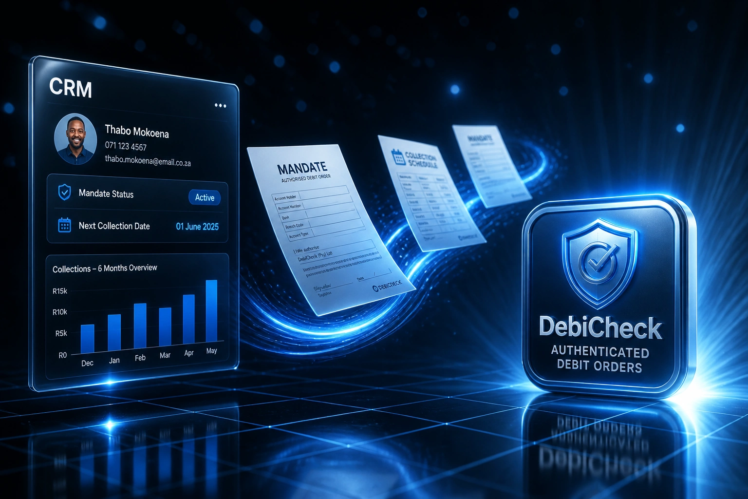 A CRM billing panel and a DebiCheck authenticated debit badge connected by a blue ribbon of mandate forms and collection schedules