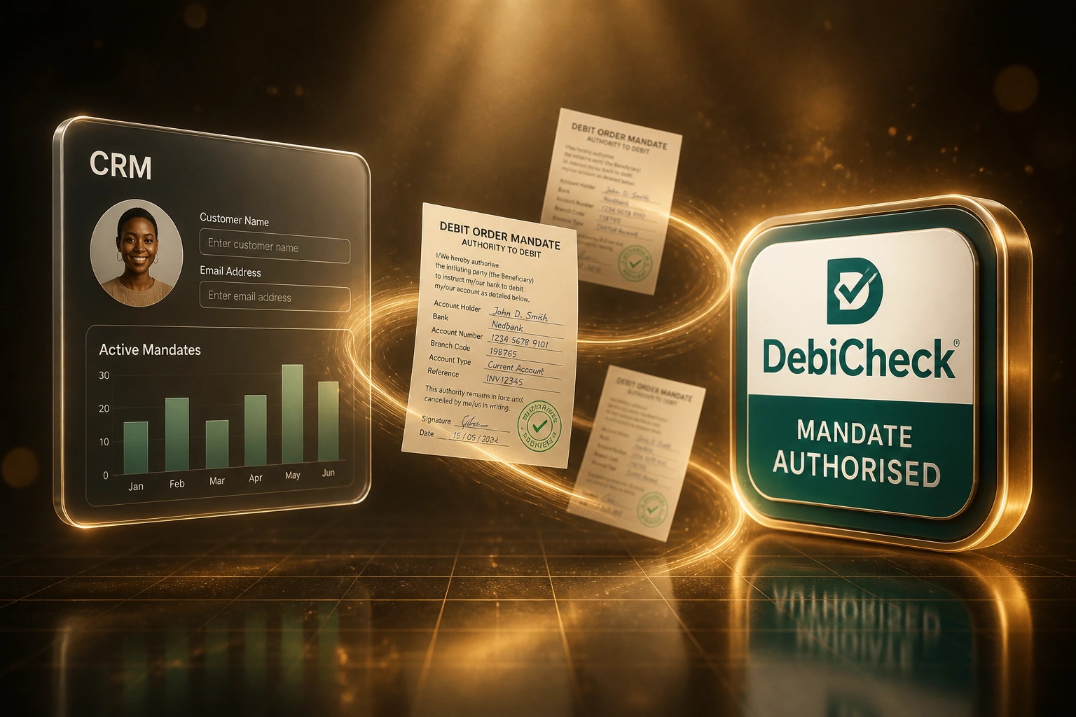 A CRM panel and a DebiCheck mandate authorisation badge connected by a gold ribbon of mandate documents, illustrating debit order mandate management