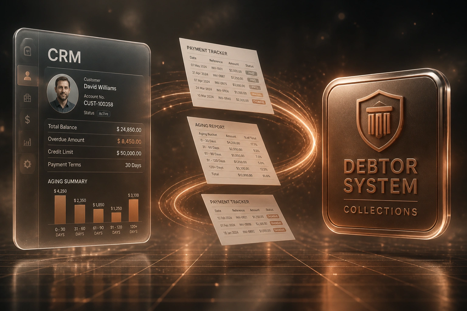 A CRM panel and a Debtor System collections badge connected by a copper ribbon of payment trackers and aging reports