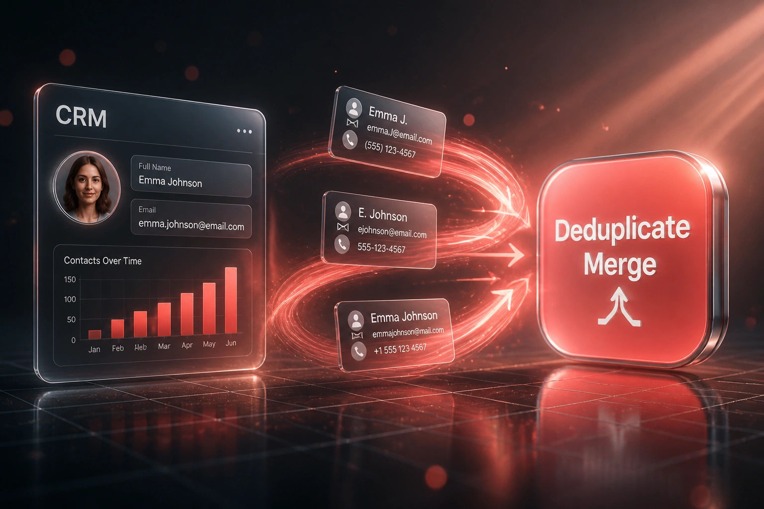 A glass CRM panel and a Deduplicate Merge badge connected by contact-record cards on a coral ribbon, illustrating within-CRM duplicate cleanup