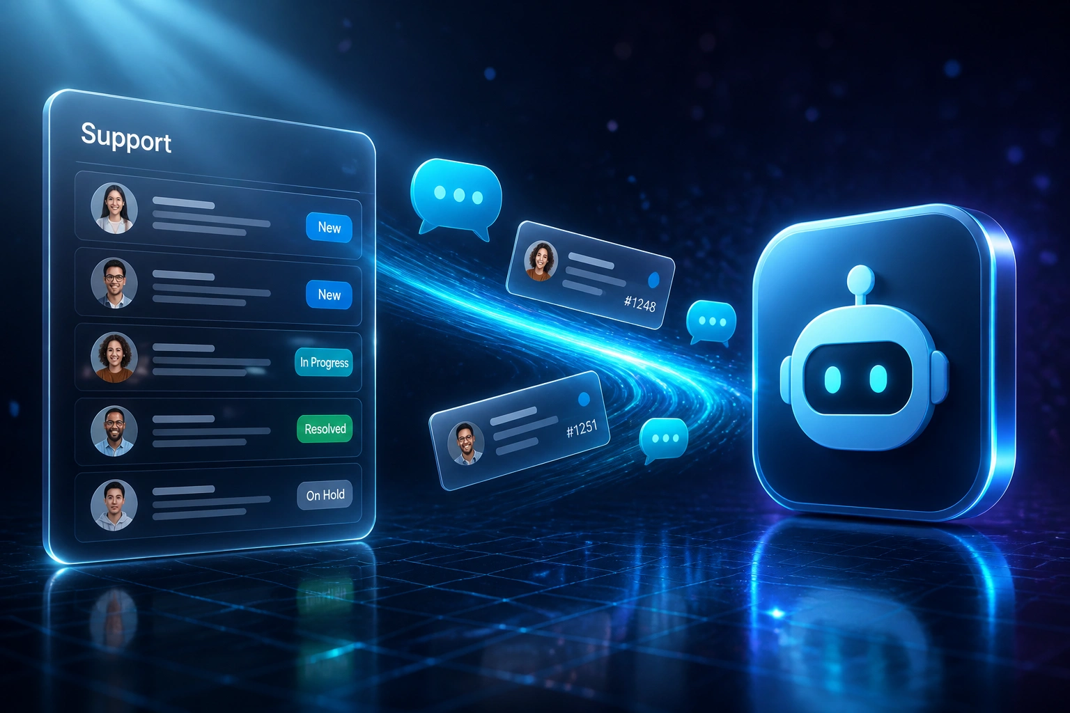 A glass Support inbox panel and an electric cyan AI chatbot badge linked by chat bubbles and tickets on a ribbon of light, illustrating chatbot deployment for customer service