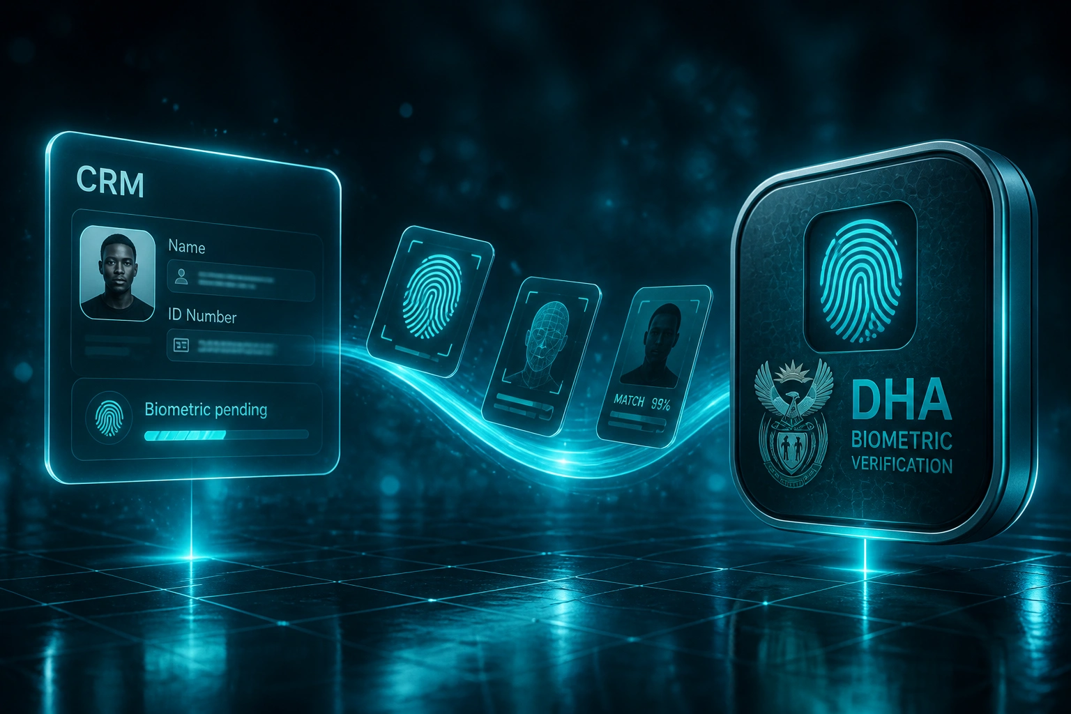 A glass CRM panel and a DHA biometric verification badge connected by a cyan ribbon of fingerprint scan and photo-match cards