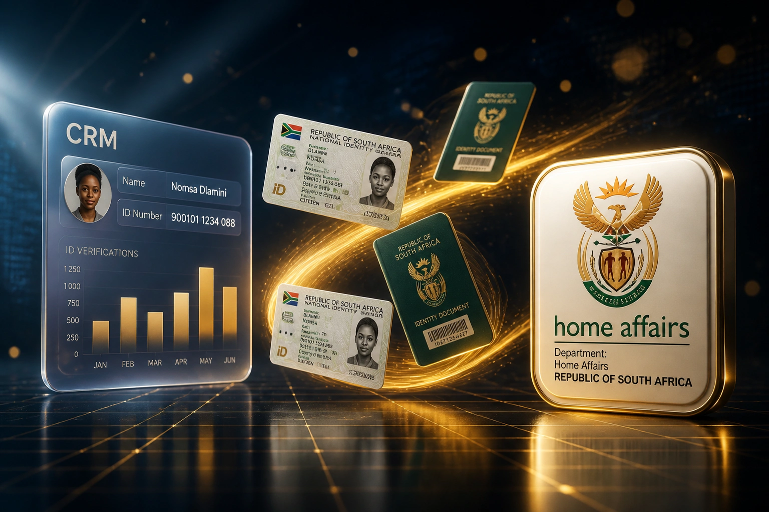 A glass CRM panel and a Department of Home Affairs badge connected by South African Smart ID cards and green ID books on a ribbon of gold light