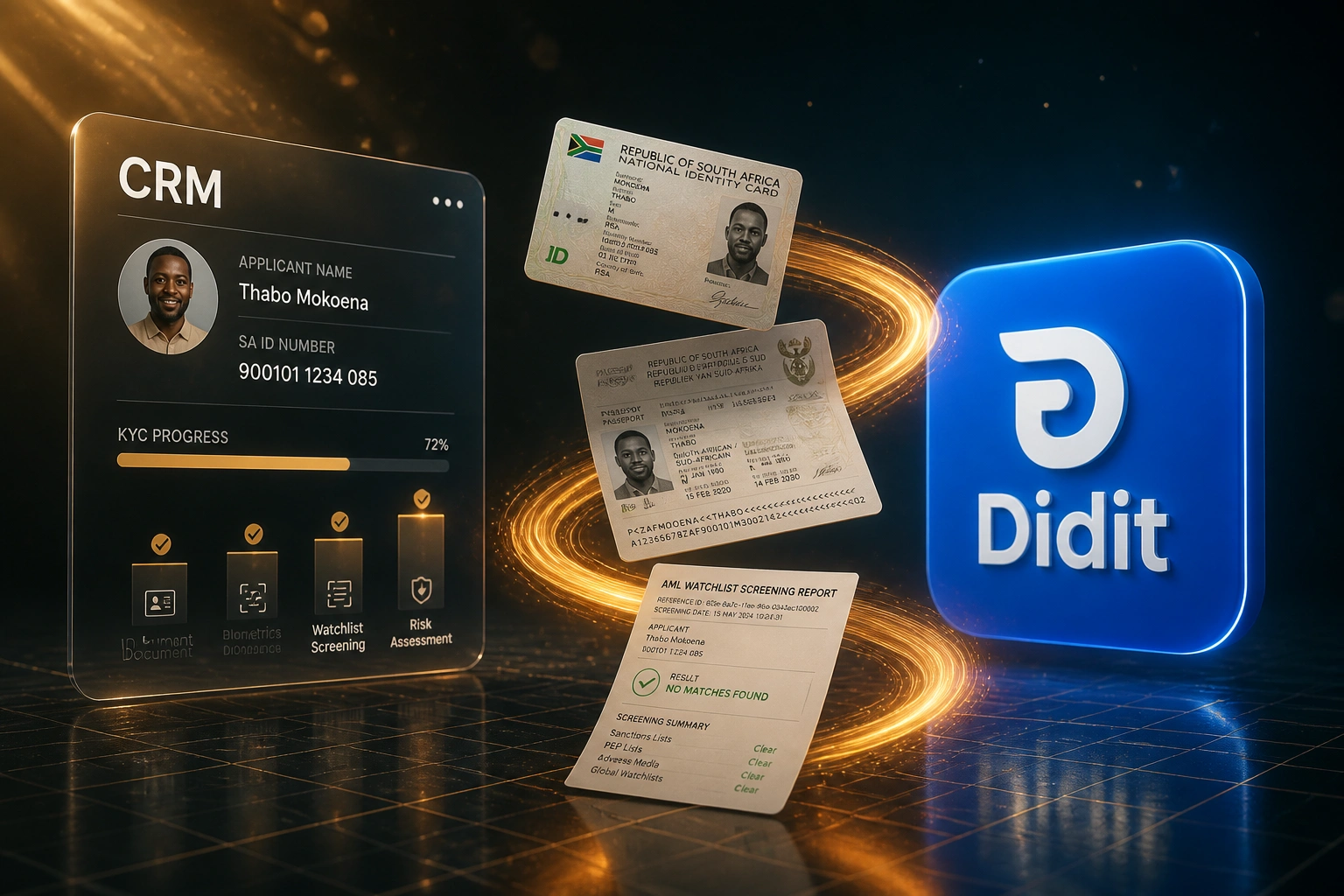 A CRM applicant record and the Didit logo connected by a flowing ribbon of SA ID, passport, and AML watchlist documents, illustrating automated KYC onboarding