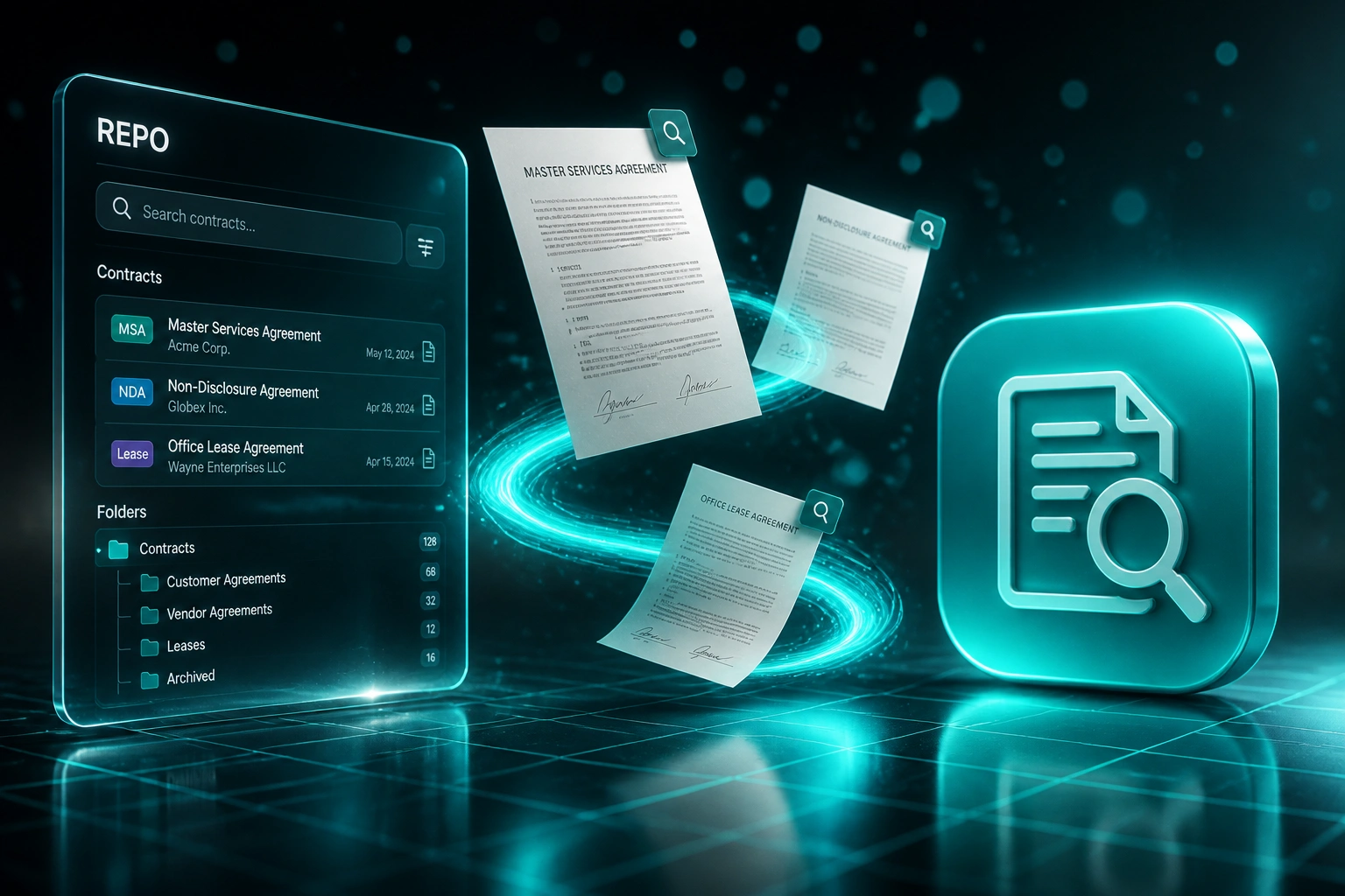 A glass REPO archive panel and electric teal search badge connected by floating MSAs, NDAs, and leases on a ribbon of light, illustrating a searchable digital contract repository