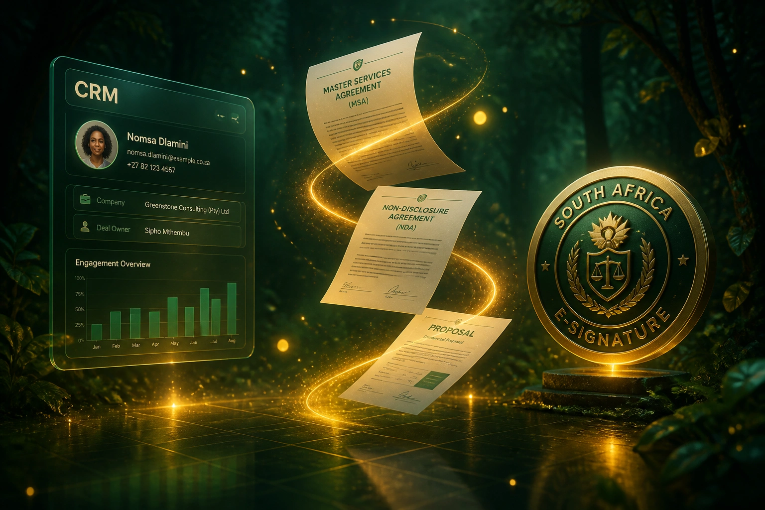 A glass CRM panel and a South Africa e-signature legal seal connected by a gold ribbon of commercial contracts, illustrating digital contract signing for South African businesses